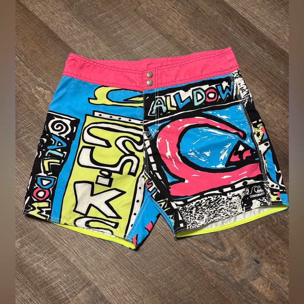 Vtg Med Quiksilver Men Boardshorts 90s Sz 32 Neon Surf Skate Fixd Waist Swim Y2K